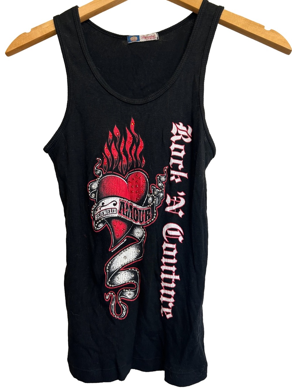 Rare Bejeweled Susan Fixel Flaming Heart Ribbed Tank Top Cyber Y2K McBling S